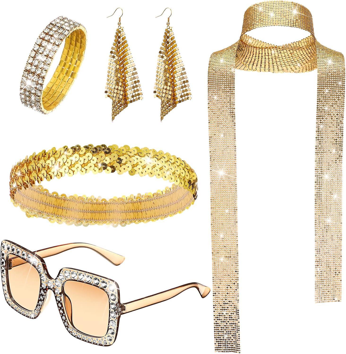 Morakot 5 Pcs 70s Disco Accessories Women Costume Jewelry Disco Earrings Sequin Scarf Sunglasses Diamond Bracelet Headband Gold