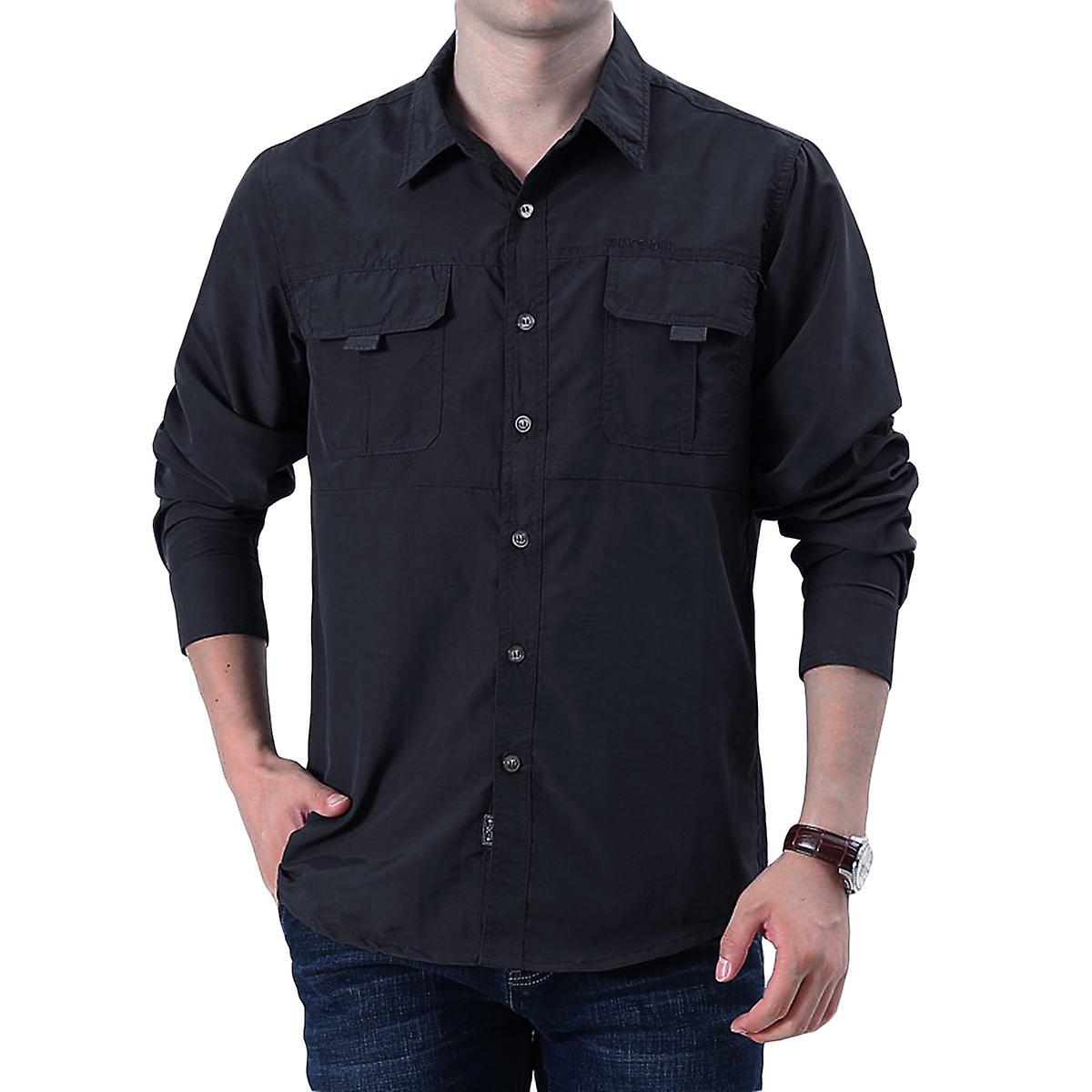 Allthemen Mens Casual Lapel Solid Long Sleeve Shirt Black L