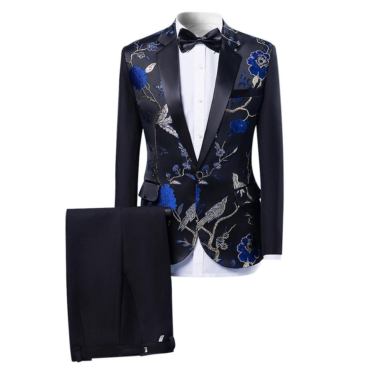 Allthemen Mens 2-Piece Wedding Banquet Jacquard Floral Slim Suits Black/Blue 3XL