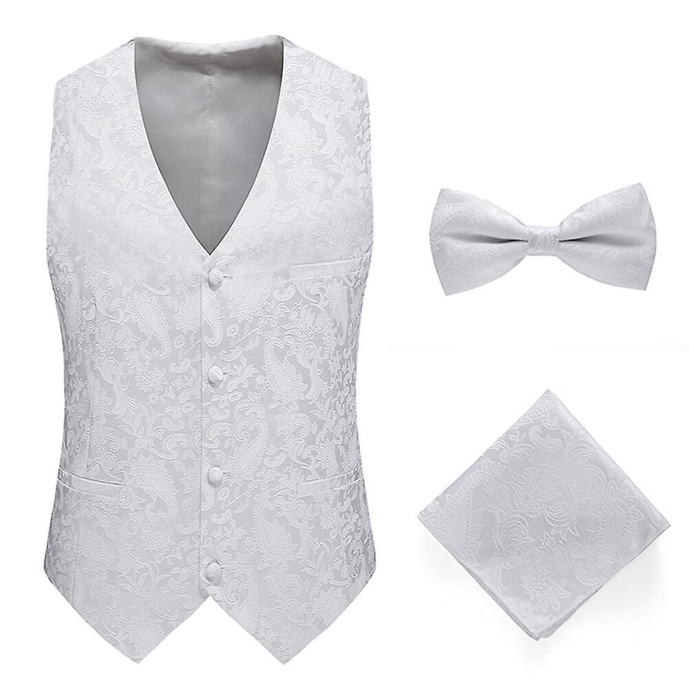 Sliktaa Sliktta Mens 3Pce Paisley Dress Vest and Bow Tie Set and Pocket Square White 2XL