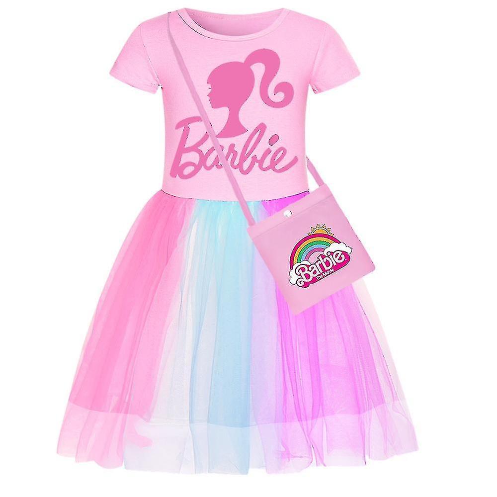 Zhenv Barbie-pink Girls' Dress Kids Barbie Dress Star Rainbow Lace Skirt And Crossbody Bag Set B 150