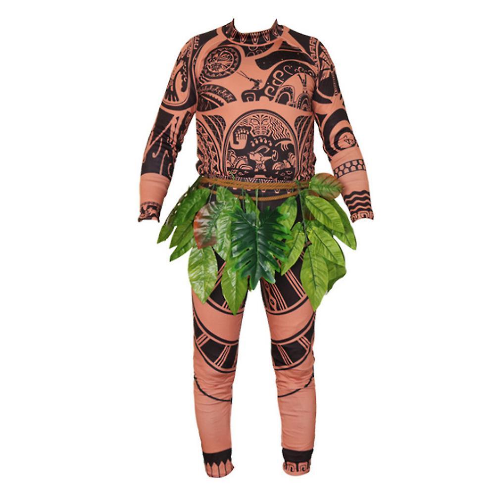 Besser Moana Maui Cosplay Tattoo T-shirt + Pants + Leaf Belt Set Halloween Party Masquerade Adult Mens Fancy Dress Up Costume XL