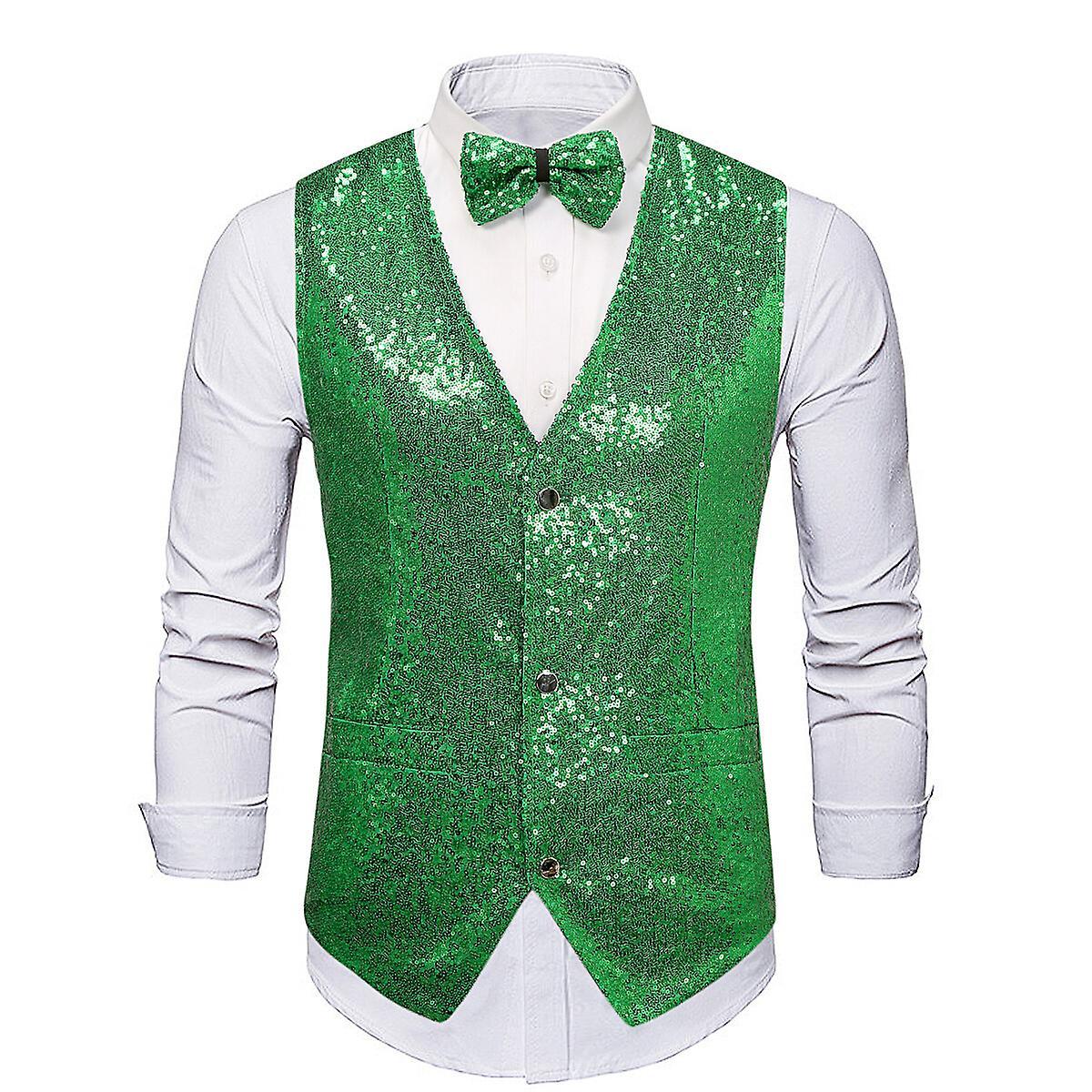 Sliktaa Mens Shiny Sequin Party Wear Wedding Suit Vest Green 2XL