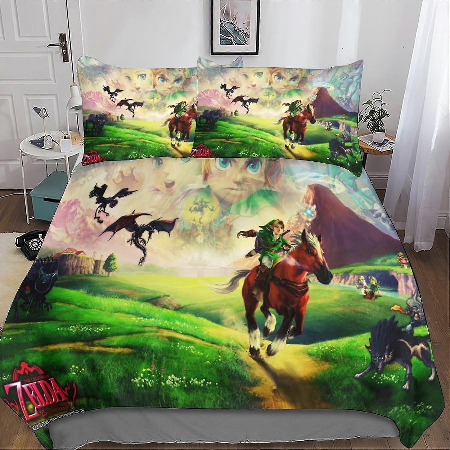 Kerota 3pcs The Legend of Zelda Duvet Cover 3D Printed Pillowcase Bed Linen, Zipper Closure Microfiber Bedding Set for Adults and Kids Single135x200cm