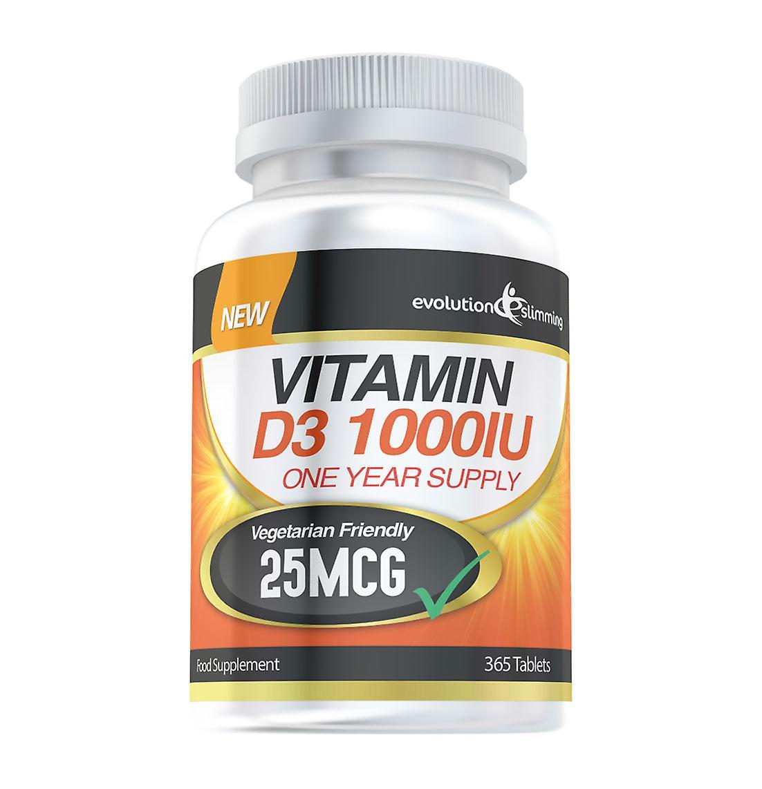 Vitamin D D3 1000iu Tablets - 12 Month Supply - Vegetarian Friendly - 365 Tablets - Vitamin Supplement - Evolution Slimming