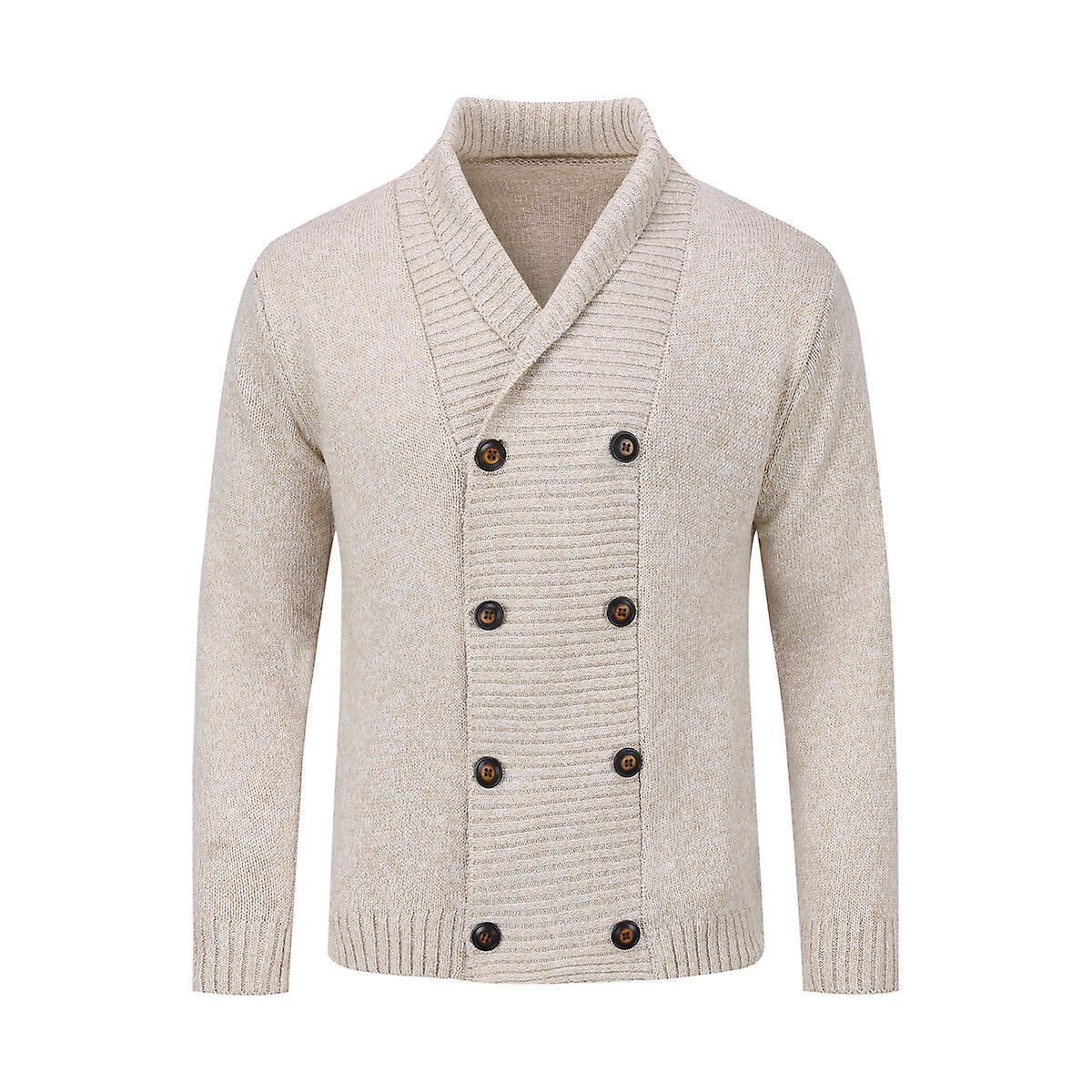 Sliktaa Mens Double Breasted Shawl Lapel Slim Fit Knitted Jacket Sweater White L