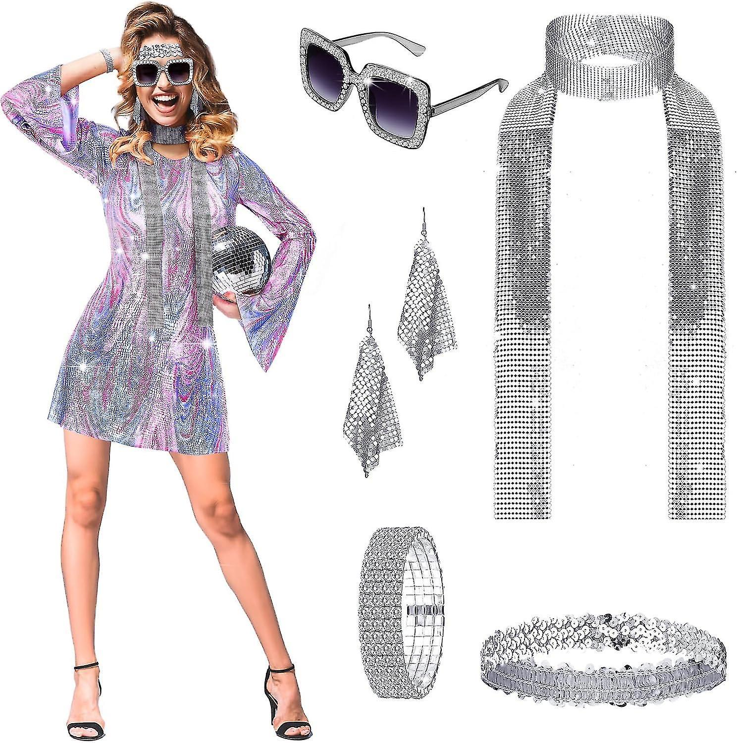 Morakot 6 Pcs Disco Women Costume Outfit And Accessories Set 70s Dress Sequin Scarf Bracelet Earrings Headband Sunglasses Pink X Large