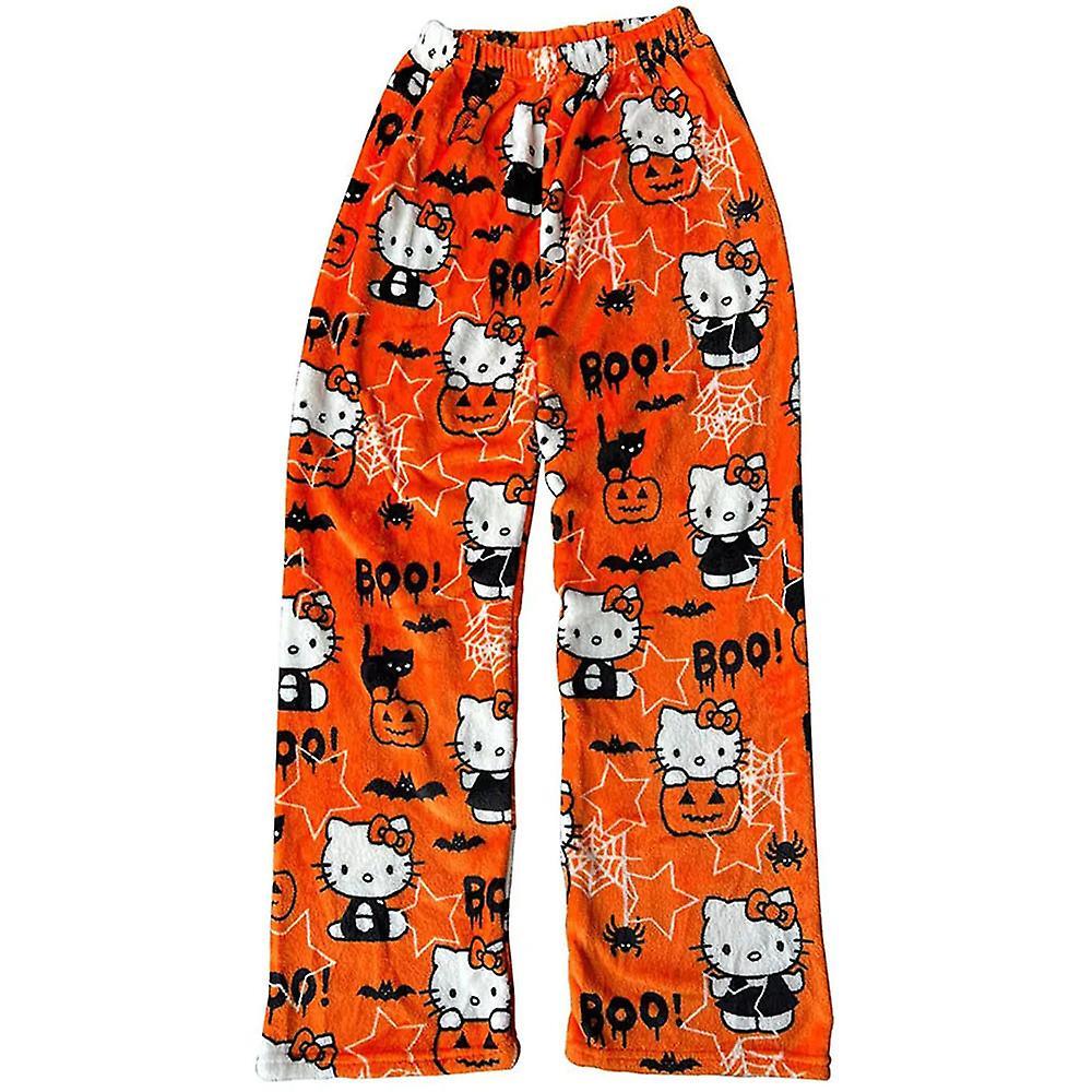 Ochime Hello Kitty Halloween Cute Cartoon Flannel Pajamas Womens Anime Kawaii Casual Cozy Soft Home Pants Winter Warm Sleepwear Trousers Pumpkin M