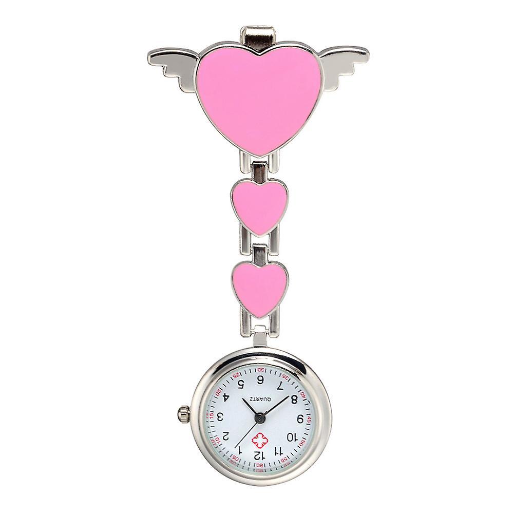 Leadrop Fashion Women\\'s Love Heart Wings Quartz Clip-On Fob Nurse Hanging Pocket Watch Pink