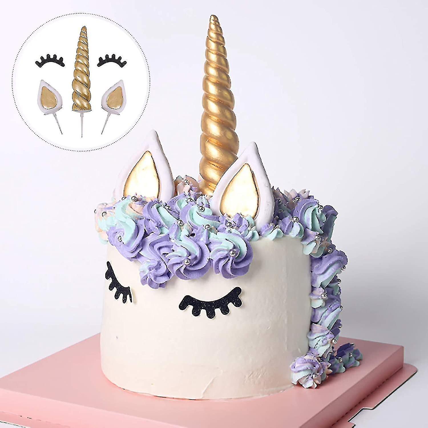 Tianzun Unicorn Cake Topper, Handmade Gold Unicorn Cake Decoration Reusable Unicorn Horn, Ears And Eyelashes For Birthday, Baby Shower And Wedding ...