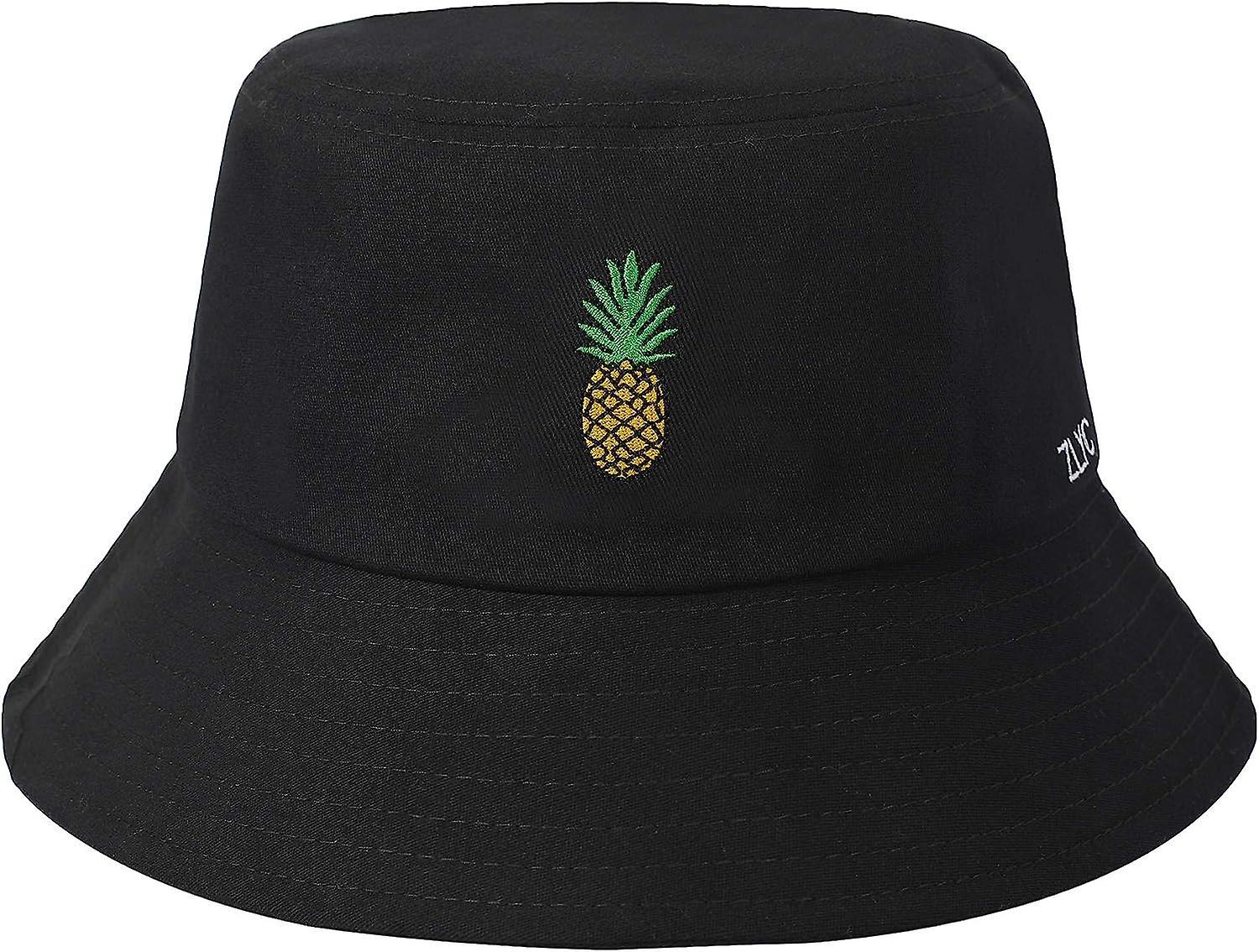 Almi Unisex Fashion Embroidered Bucket Hat Summer Short Brim For Men Women Teens Pineapple  Black