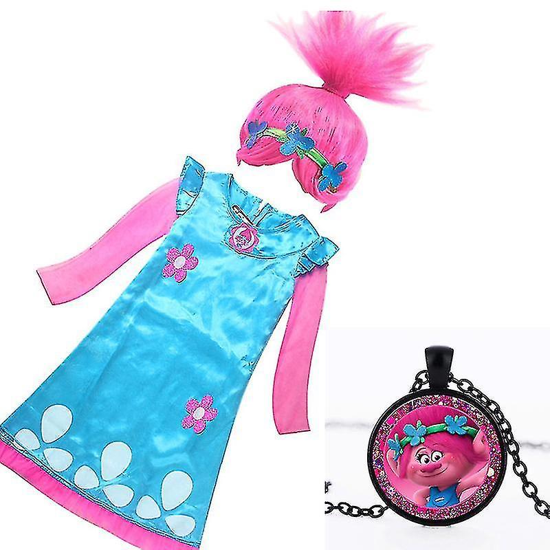 Htclv Girls Dresses Trolls Poppy Cosplay Costumes Dress For Girls Streetwear Halloween Clothes Kids Necklace Wig Fancy Girl Dress 868-3pcs 130(7-8Y)