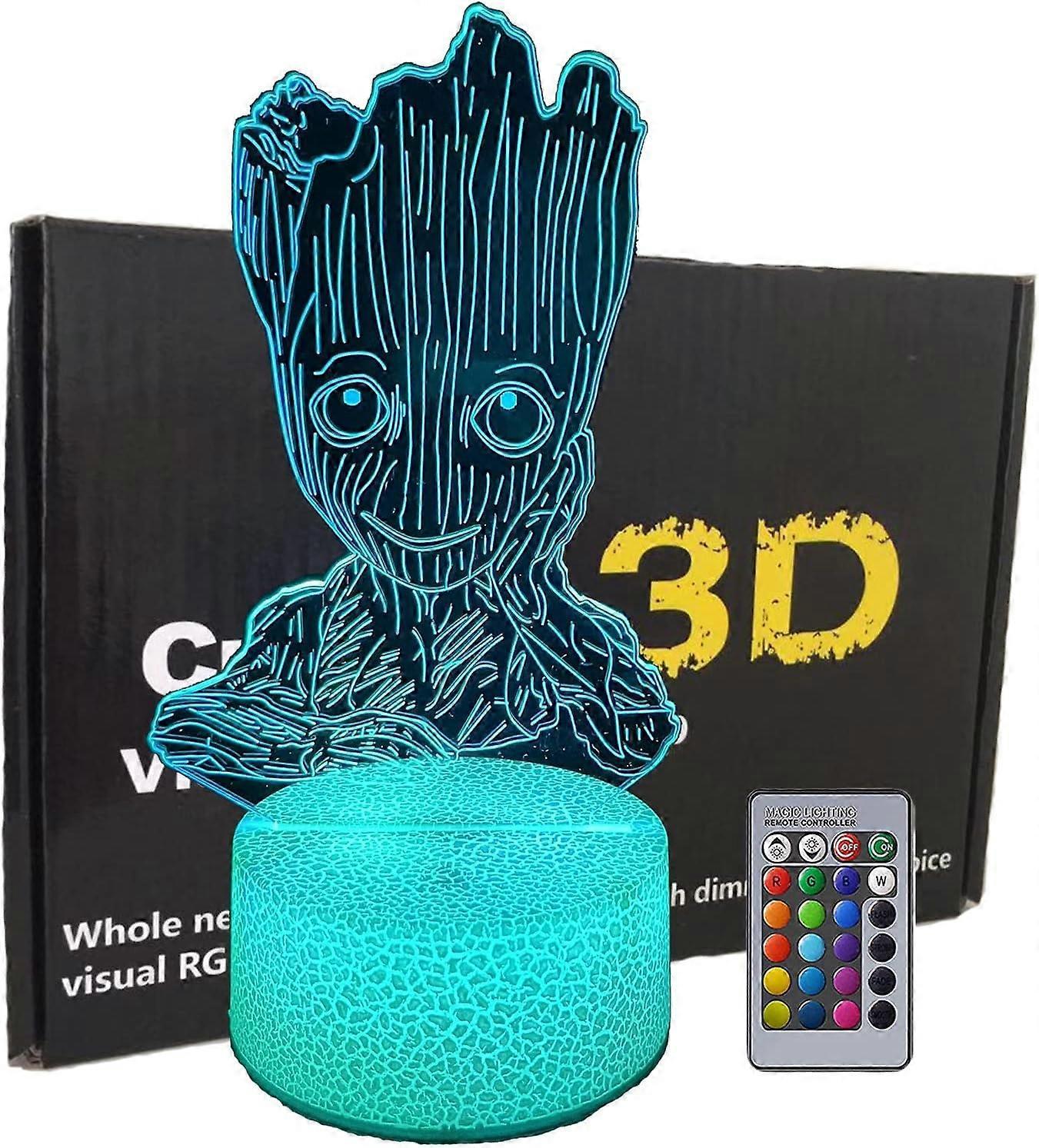 Heyone Groot 3D Illusion Night Light,LED Illusion Lamp with Remote & Smart Touch 7 Colors + 16 Colors Changing Dimmable,Creative (Support Cheeks)