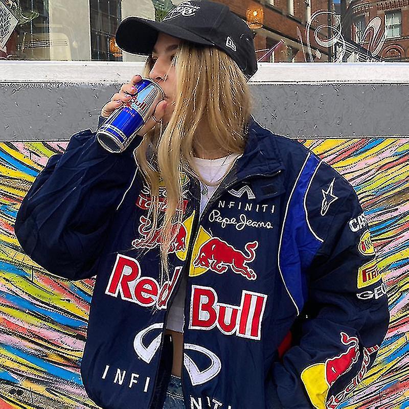 Cryin Racing Jacket Retro, Bomber Jacket Fully Embroidered, F1 Street Clothing Jacket Y2k navy blue L