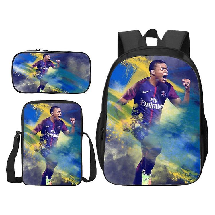 Elsavct student backpack, Football star Kylian Mbappe print three-piece suit, Children's schoolbag