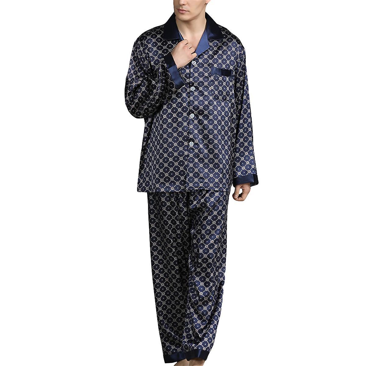 Allthemen Men's Loose Silky Satin Pajama Set Navy Blue L