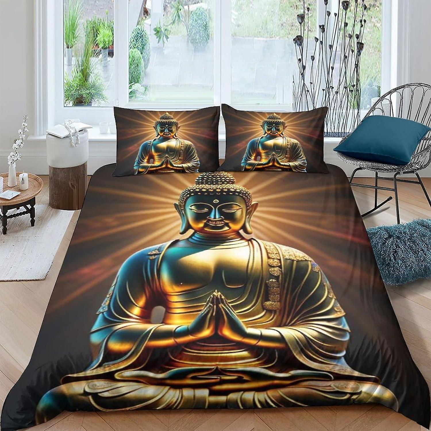 Kerota Buddha Bedding Set for Children Adults Double, Printed Duvet Cover D with Pillowcase Microfiber Zipped Duvet Cover 135*200 CM King220x240cm