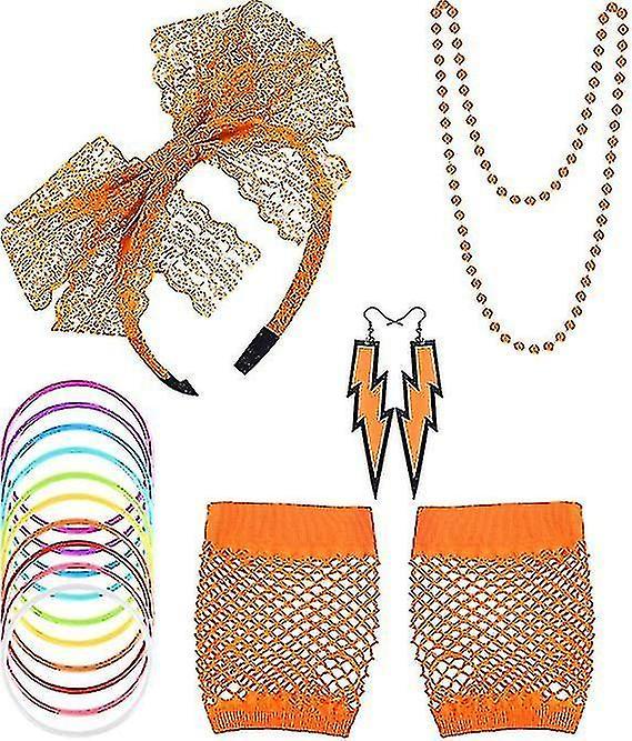 Yuntianzun 80s Lace Headband Earrings Fishnet Gloves Necklace Bracelet For 80s Party Orange