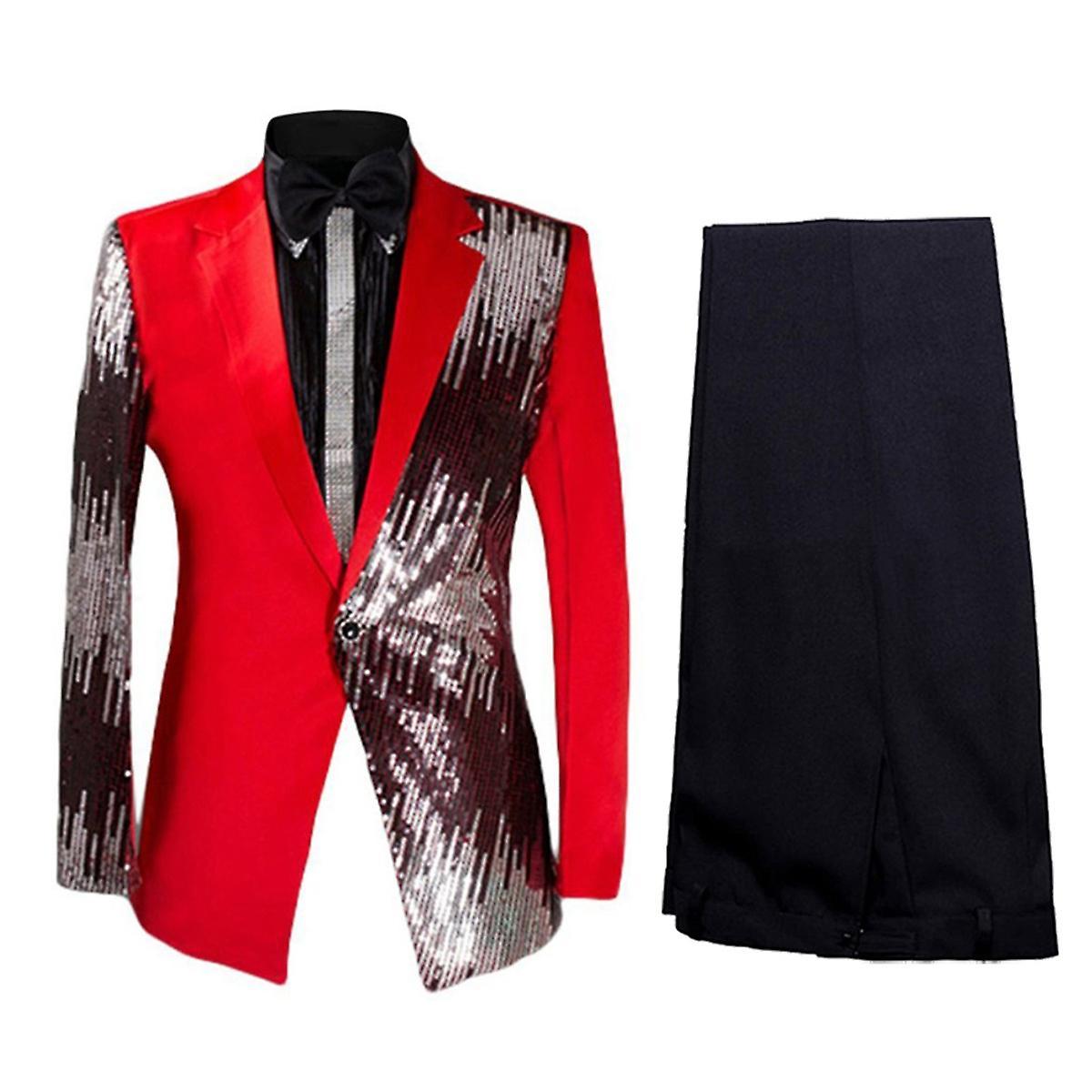 Allthemen Mens 2-Piece Sequin Wedding Show Suits Red 5XL