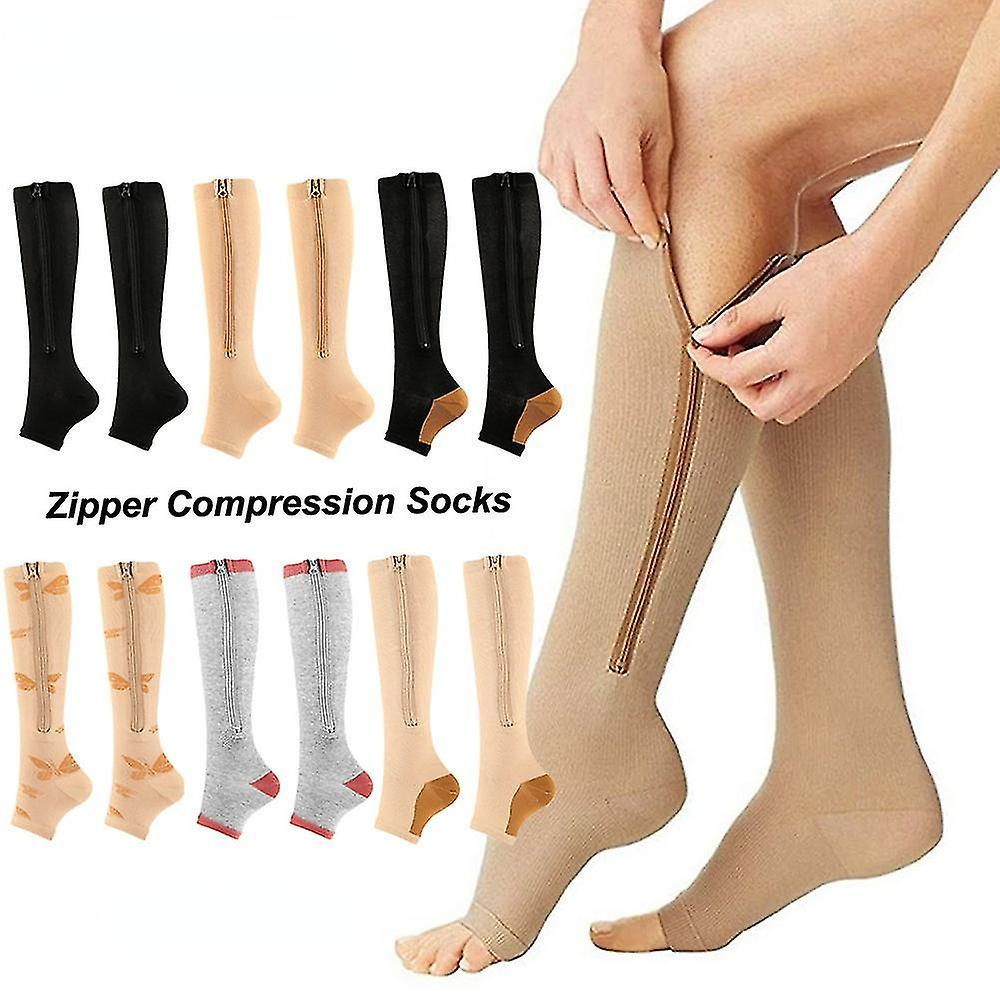 Frusde 1 Pair Zipper Compression Socks For Women Men, 15-20 Mmhg Open Toe Knee Support Socks For Varicose Vein Edema Gray L XL