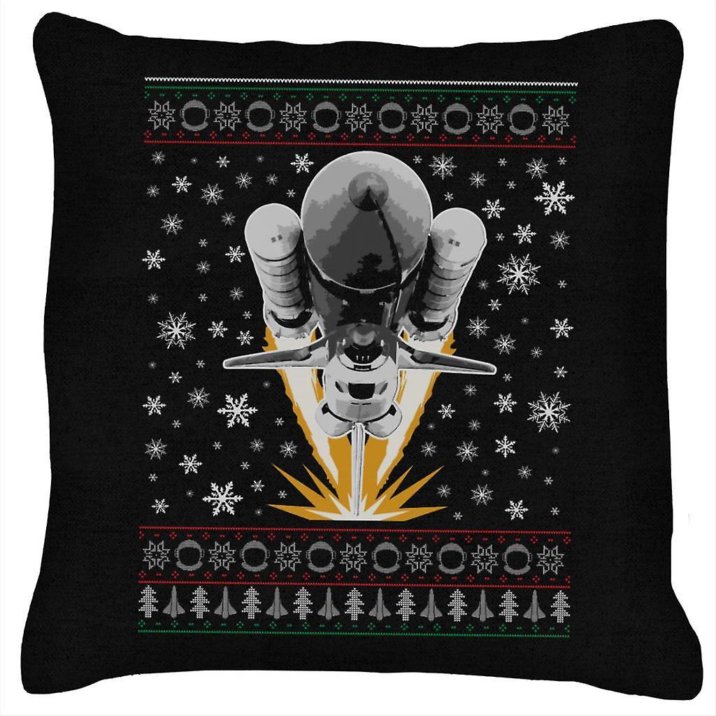 NASA Shuttle Launch Christmas Knit Pattern Cushion Black 40 x 40cm