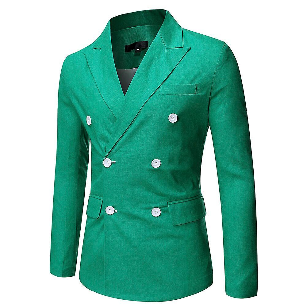 Allthemen Mens Casual Lapel Solid Double-breasted Slim Suit Jacket Green XL