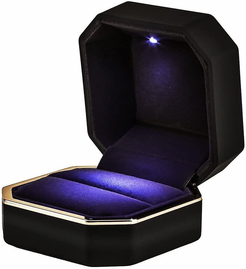 Linkrunning Luxury Ring Box, Square Velvet Wedding Ring Case Jewelry Gift Box With Led Light For Proposal Engagement Wedding, Black