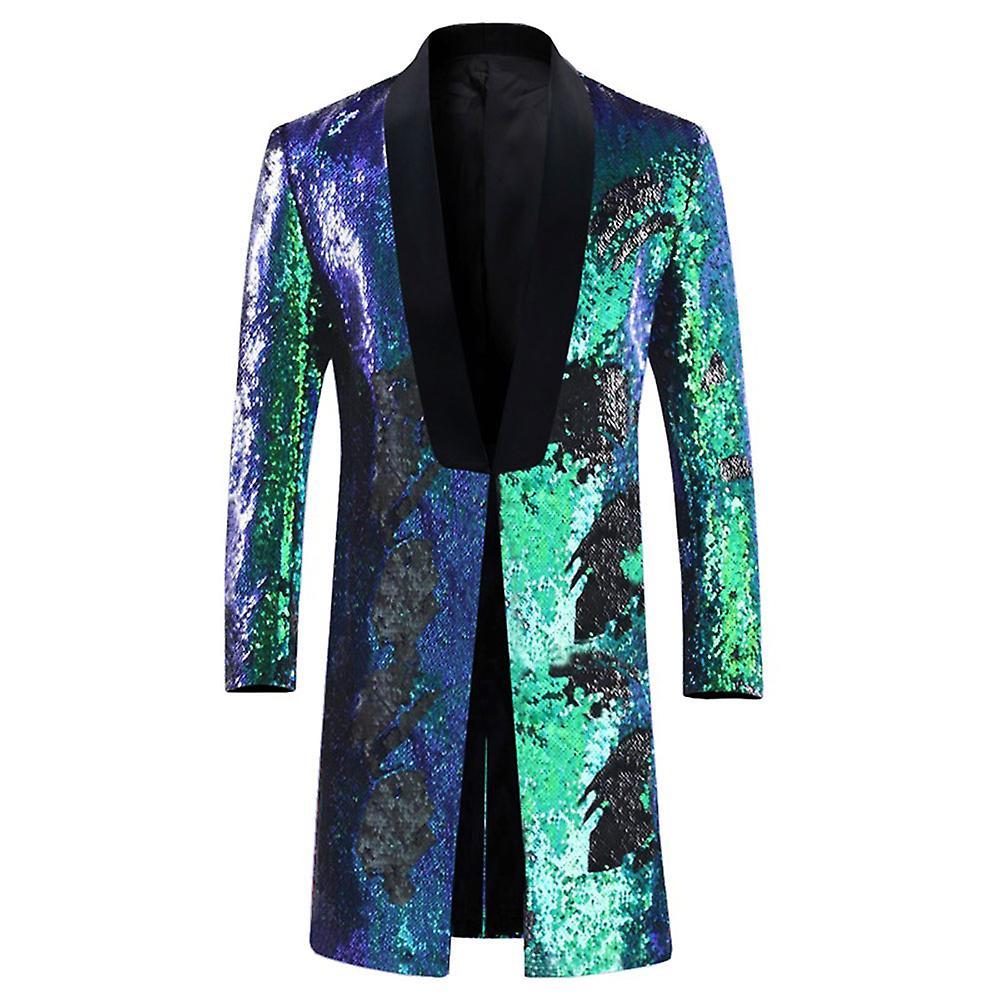 Allthemen Mens Shining Sequins Party Suit Jacket Blue Green M