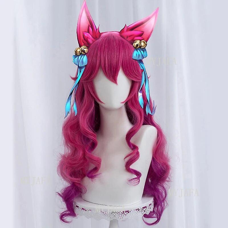 Scitoo Spirit Blossom Ahri Cosplay Wig LOL Cosplay 70cm Long Curly Wavy Heat Resistant Synthetic Hair Game Anime Wigs + Wig Cap Wig Ears Headwear O...