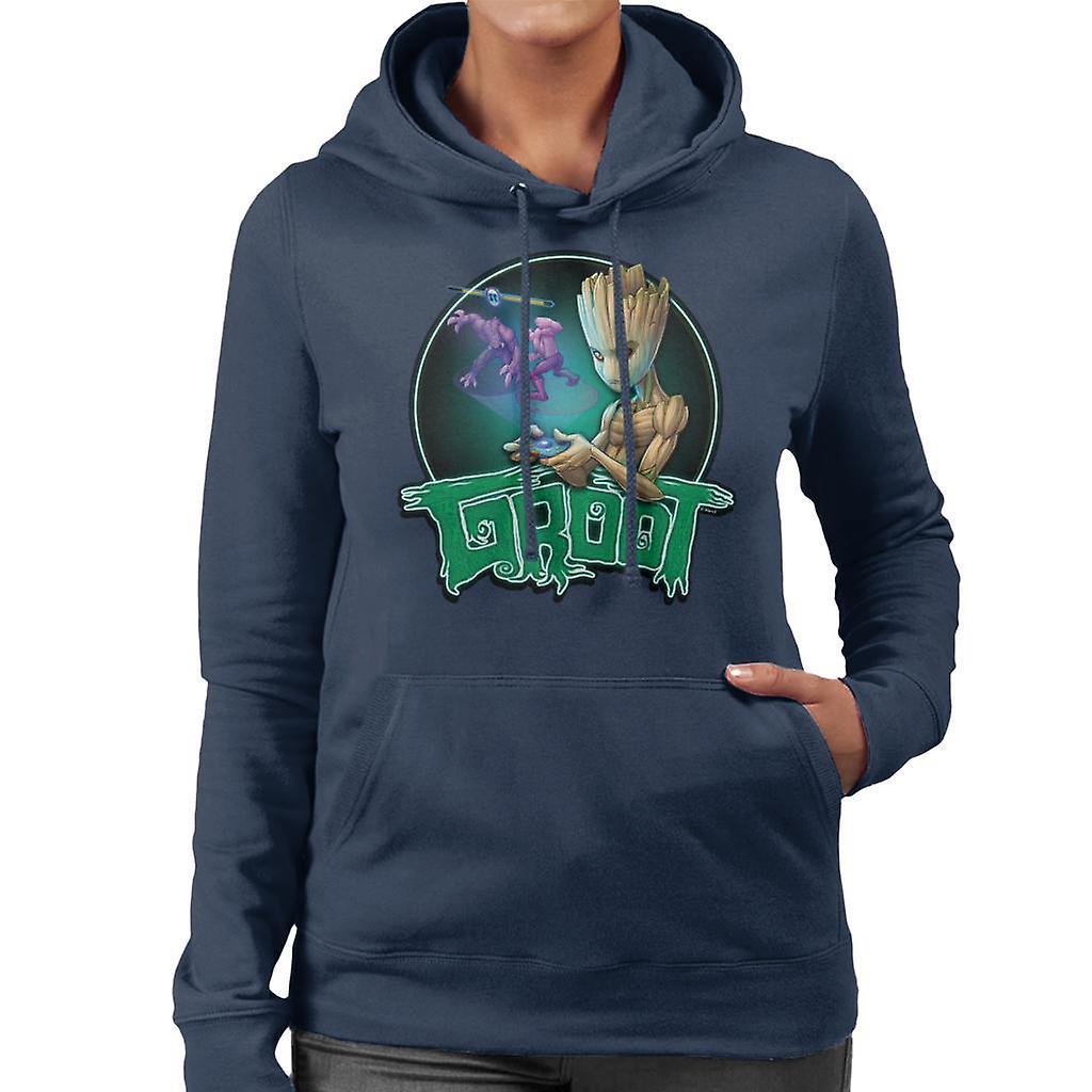 Marvel Guardians Of The Galaxy Teenage Gamer Groot Women's Hooded Sweatshirt Navy Blue Large