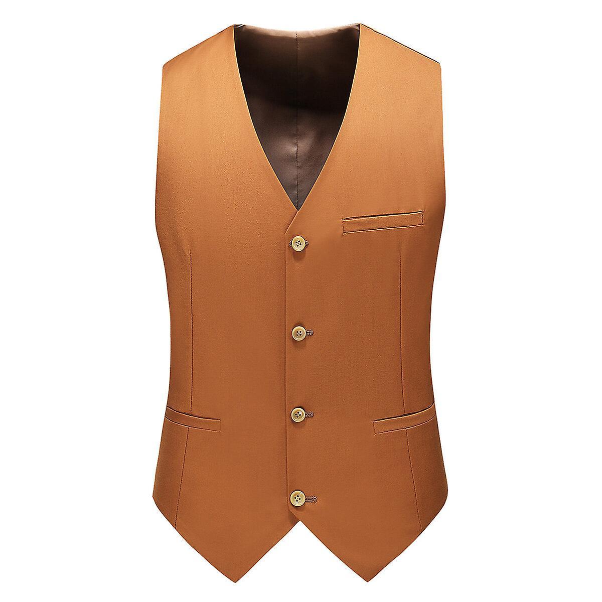 Allthemen Mens V-Neck Suit Vest Solid Color Wedding Business Vest Waistcoat Caramel M