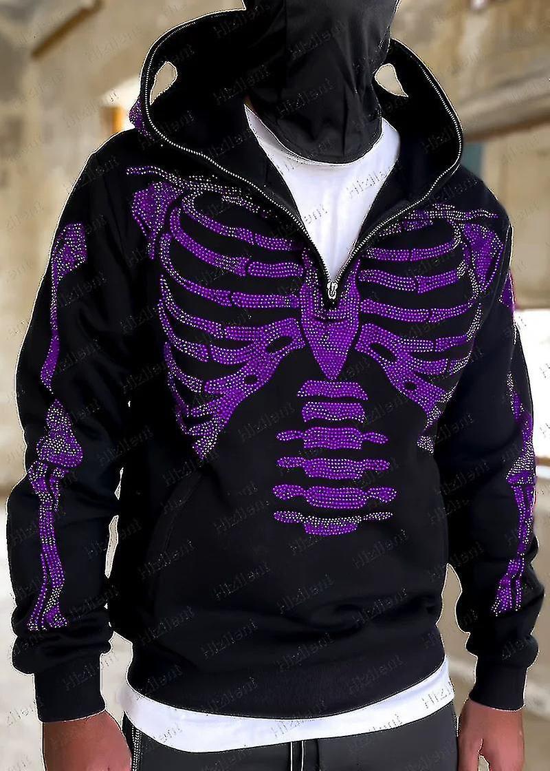 Cryin Fashion Hoodie Skull Rhinestone Zip Up Hoodie Men Women Oversized Sweatshirt Punk Harajuku Long Sleeve Outerwear Unisex Black Purple S