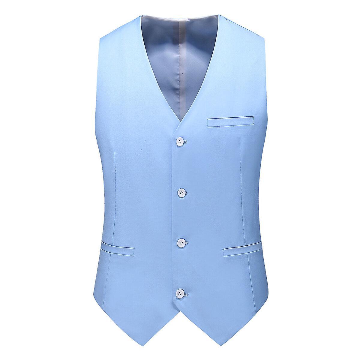 Allthemen Mens V-Neck Suit Vest Solid Color Wedding Business Vest Waistcoat Sky blue L