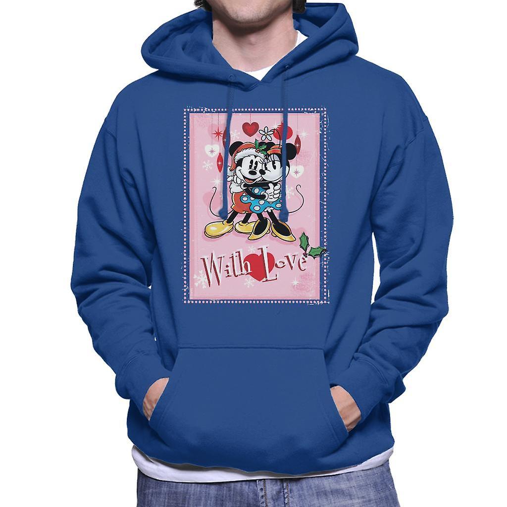 Disney Christmas Mickey And Minnie Mouse With Love Men's Hooded Sweatshirt Royal Blue Small