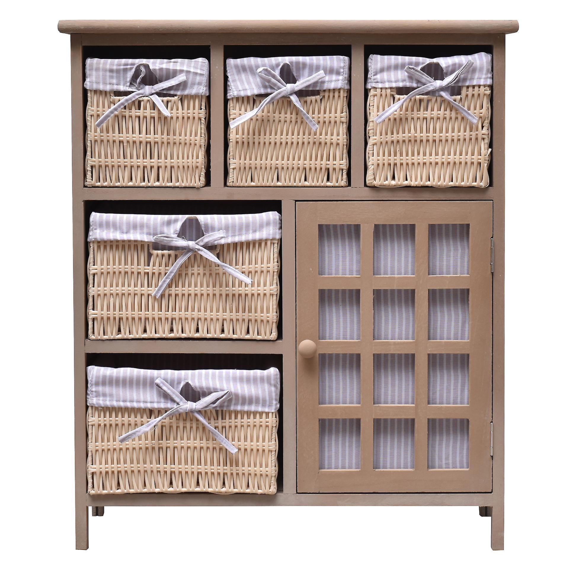 Mobili Rebecca Rebecca Furniture Sideboard Chest of Drawers 5 Baskets 1 Door Wood Wicker Beige 70x60x30