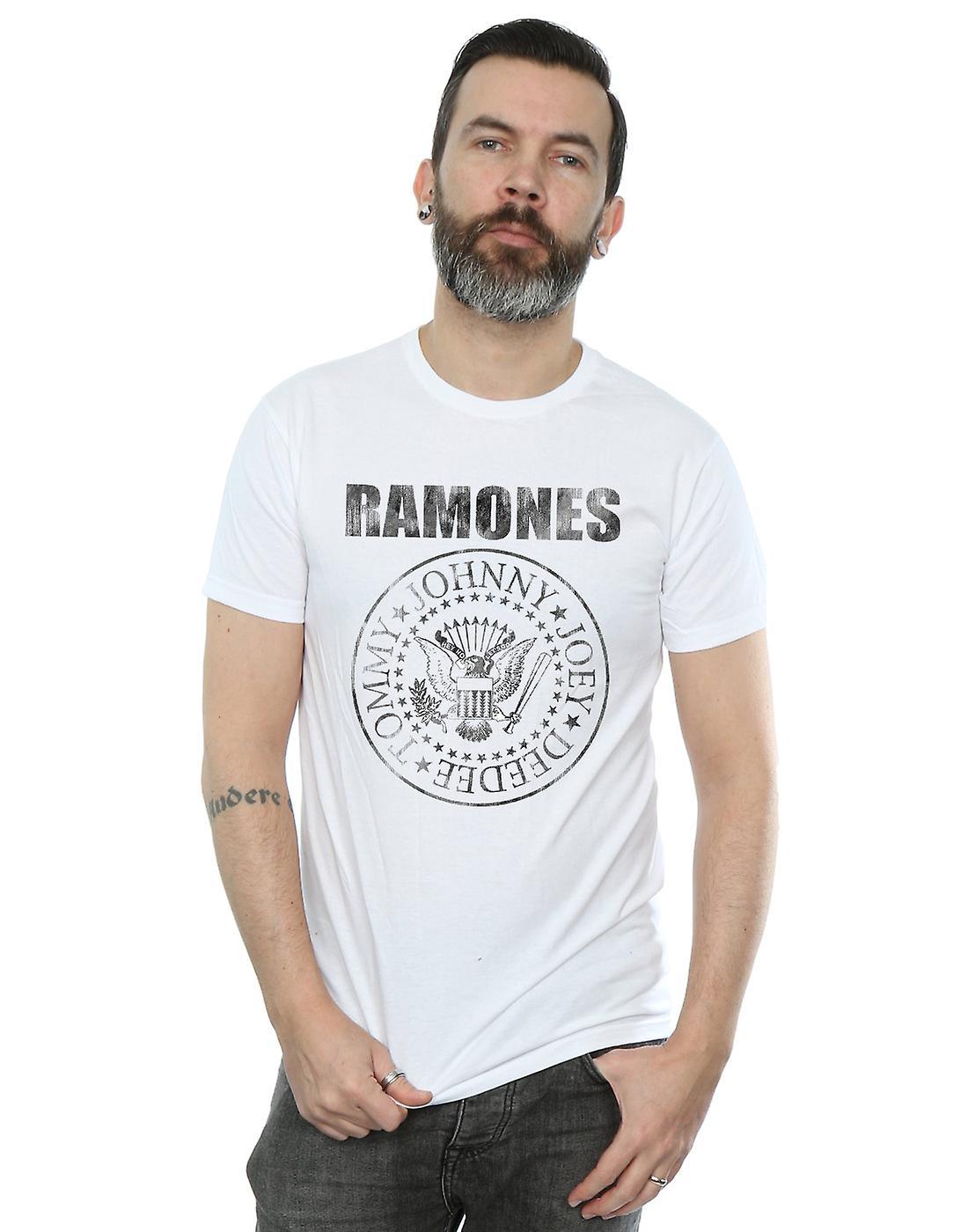 Absolute Cult Ramones Men's Distressed Black Seal T-Shirt White Medium