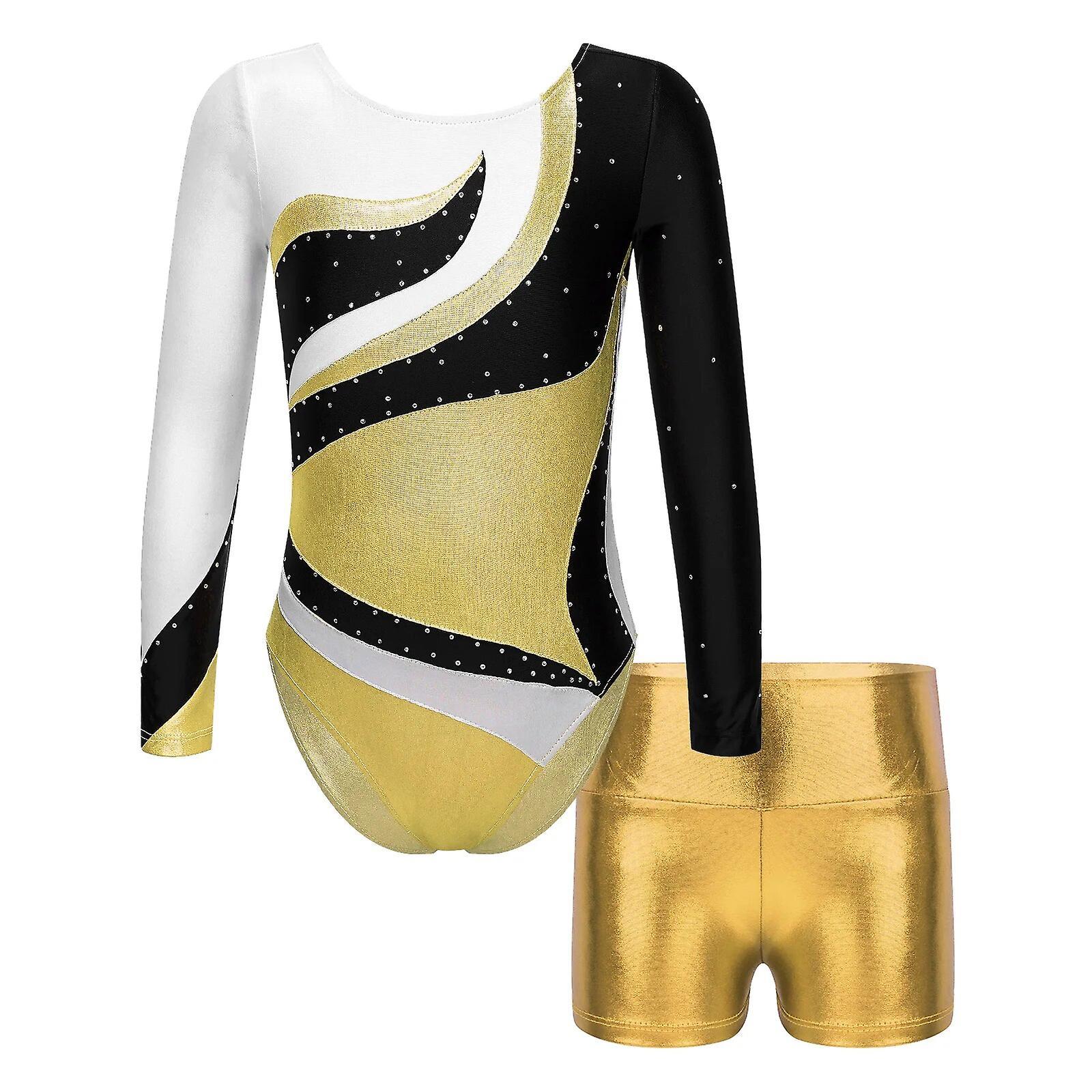 Aionyaaa Children Ballet Dance Outfits Kids Girls Long Sleeve Patchwork Gymnastics Leotard With Shorts Figure Skating Jumpsuit Bodysuit 10 Gold