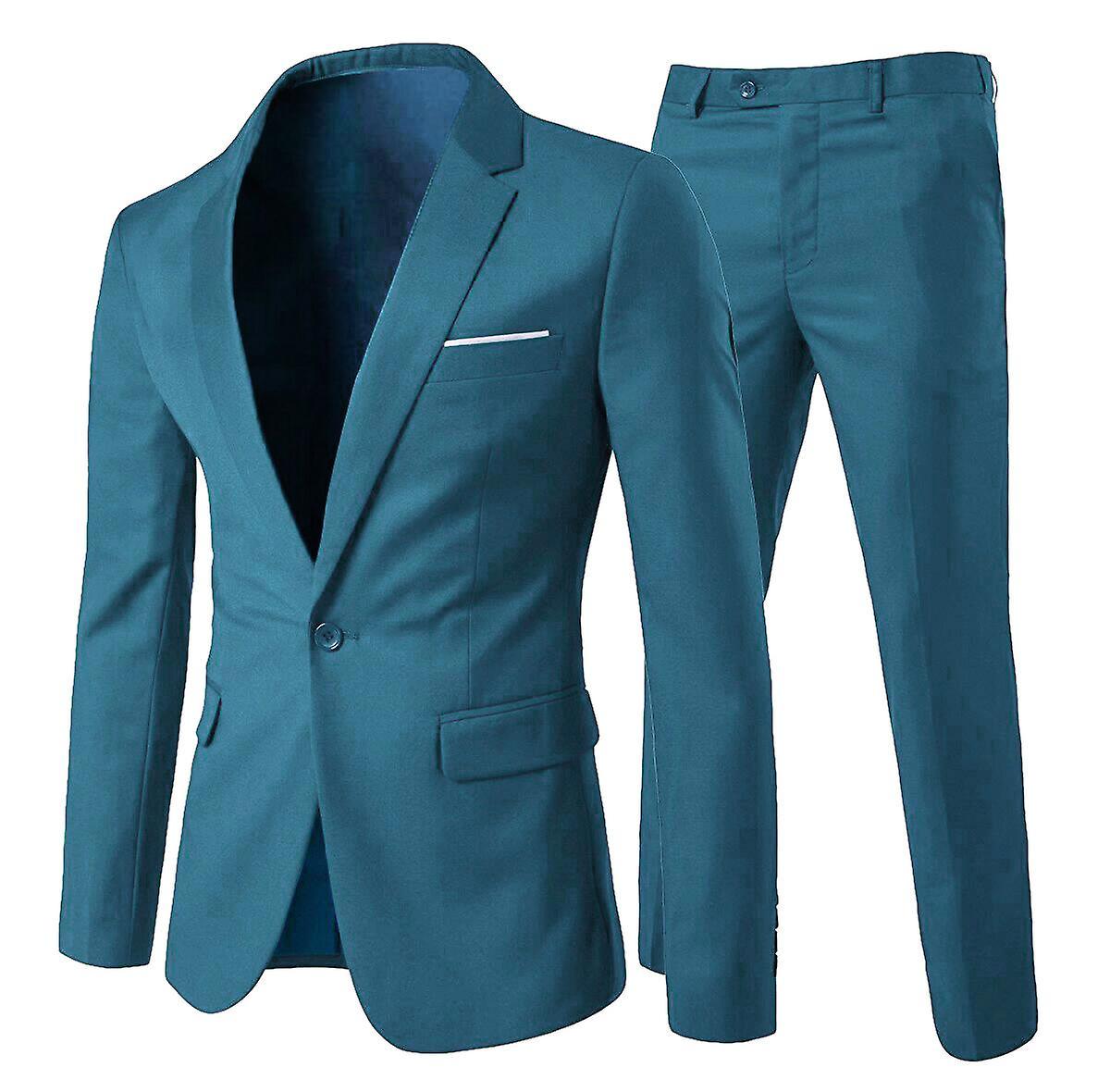 Allthemen Men's 2-Piece Suit, Slim Fit Solid Color Wedding Business Formal Suit Jacket and Pants Sea Blue XS