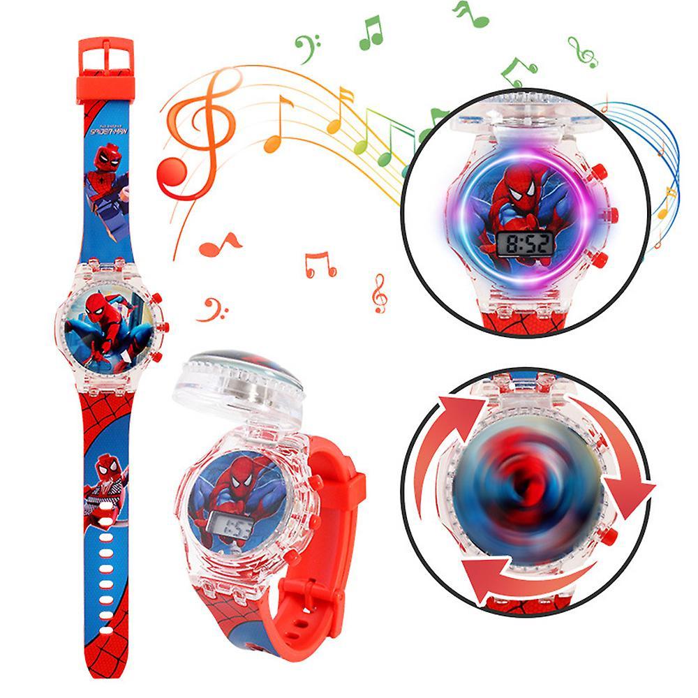 Eocici Kids Cartoon Watch Flashing Light Up Glow Digital Musical Watches Spinning Top Flip Cover Wrist Watch Gifts Spiderman