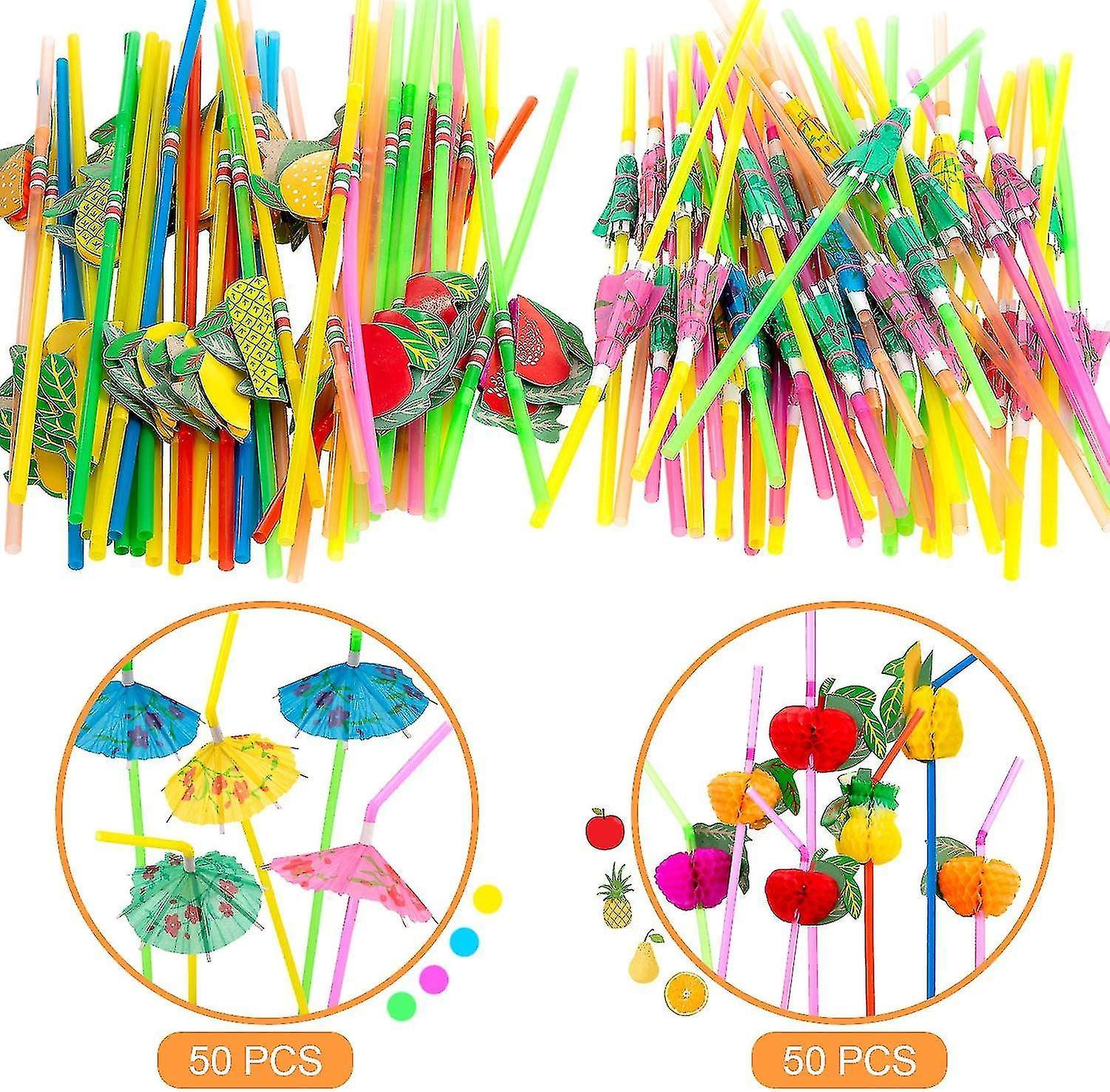 Tianzun 100 Pcs Fruit Straws Umbrella Straws Party Disposable Straws Table Decor Tropical Drinks For Cocktail Soft Drinks Hawaiian Luau Party Supply