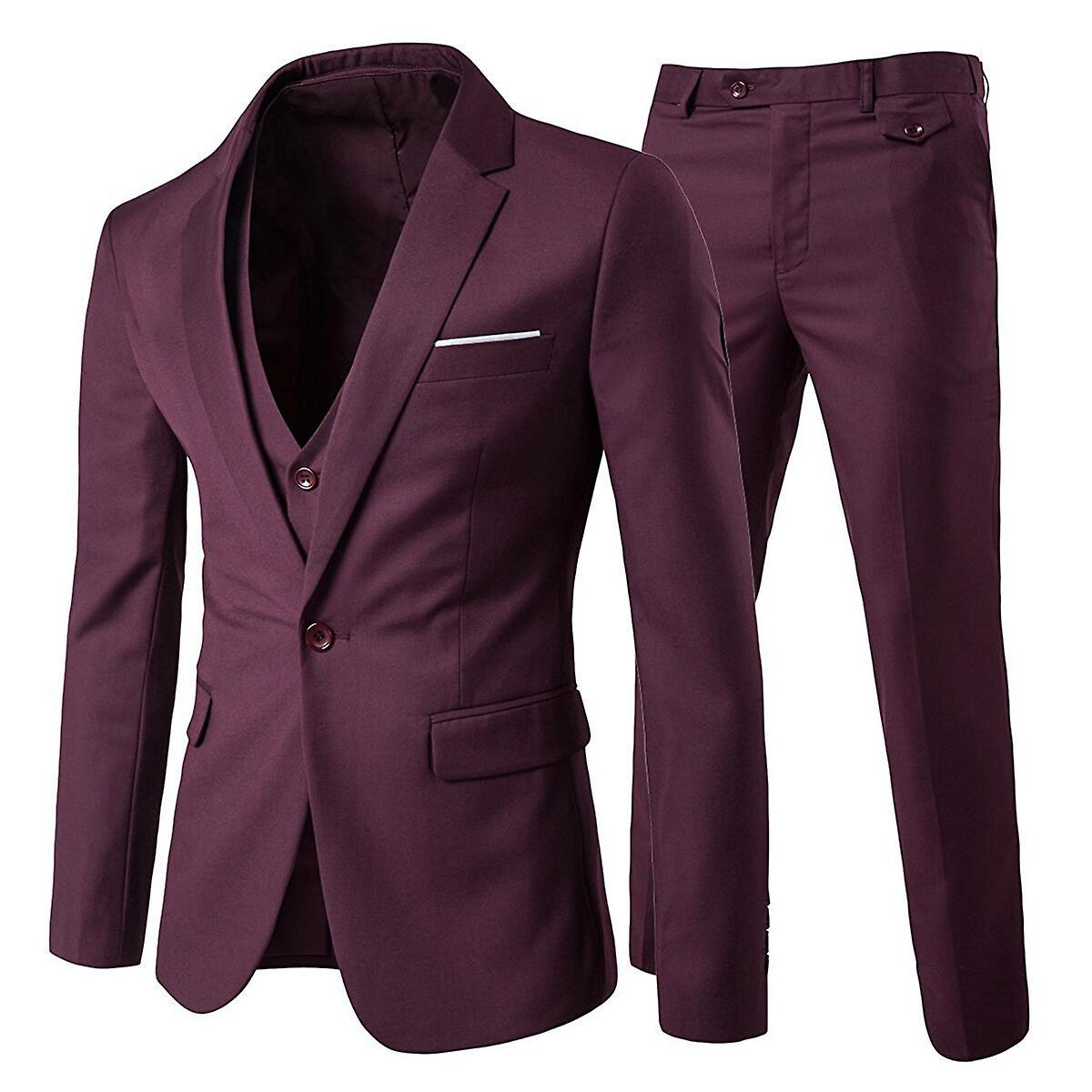 Allthemen Mens Suit 3-Piece Business Party Wedding Solid Color Notched Lapel Slim One-button Suit (Blazer + Vest + Pants) Dark Red M