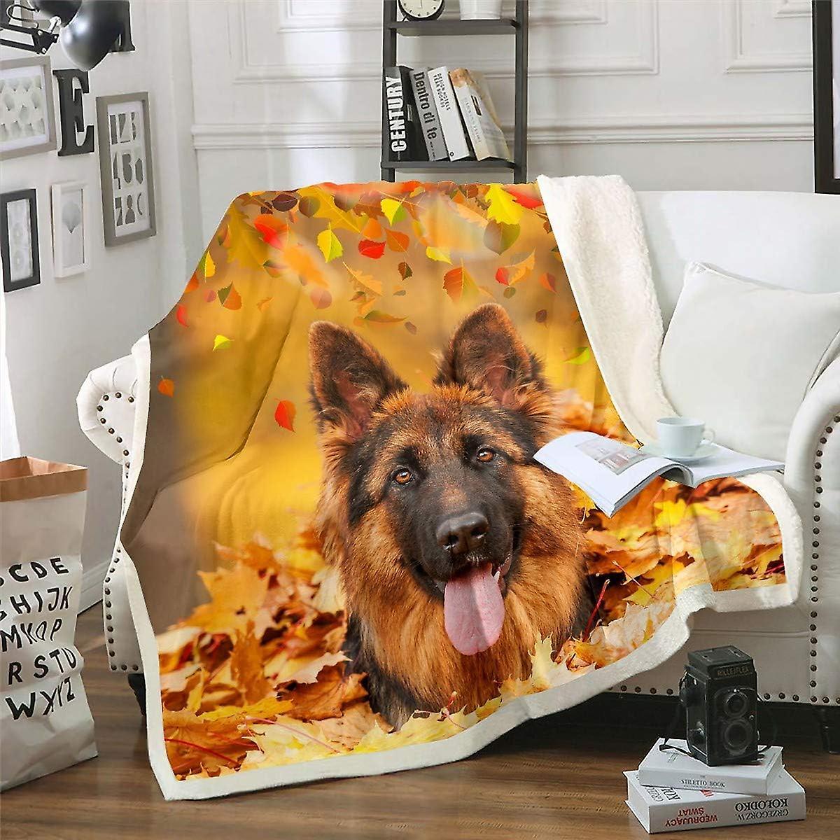 Kerota FR1930 Cute Dog Plush Blanket German Shepherd Fleece Throw Blanket D Animal Bedroom Decor for Couch Bed Sofa Pet Dog Sherpa Blanket Maple Le...