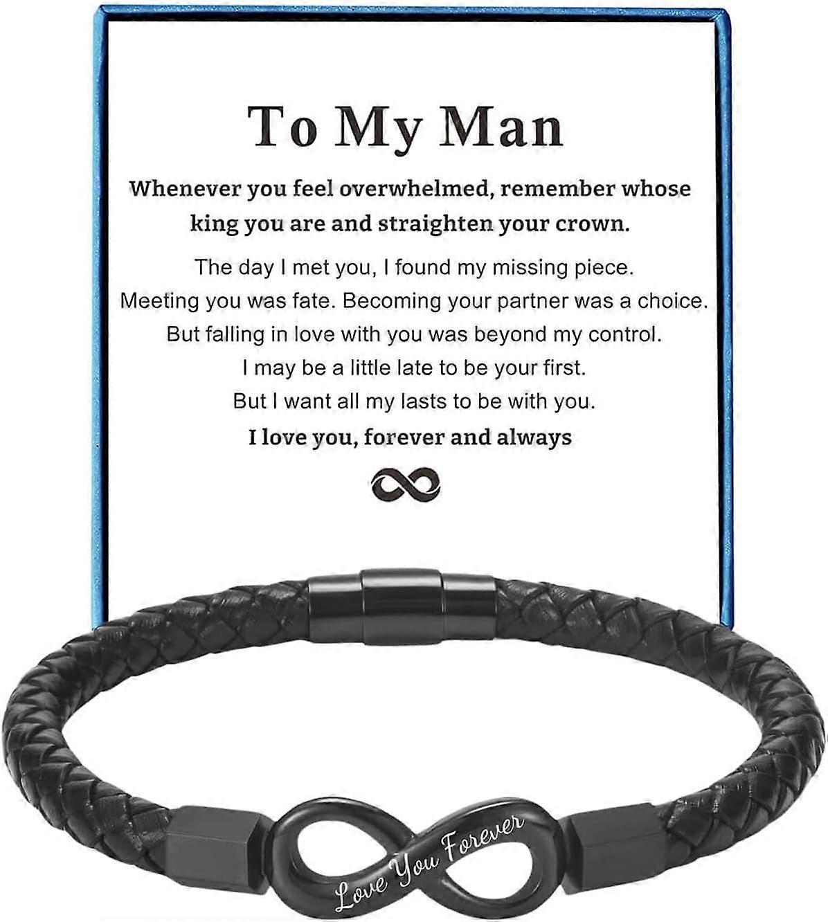 Morakot To My Man Bracelet for Boyfriend Husband Mens Infinity Leather Bracelets Valentine Birthday Fathers Day Christmas Gifts for Him Black 9.5 inch