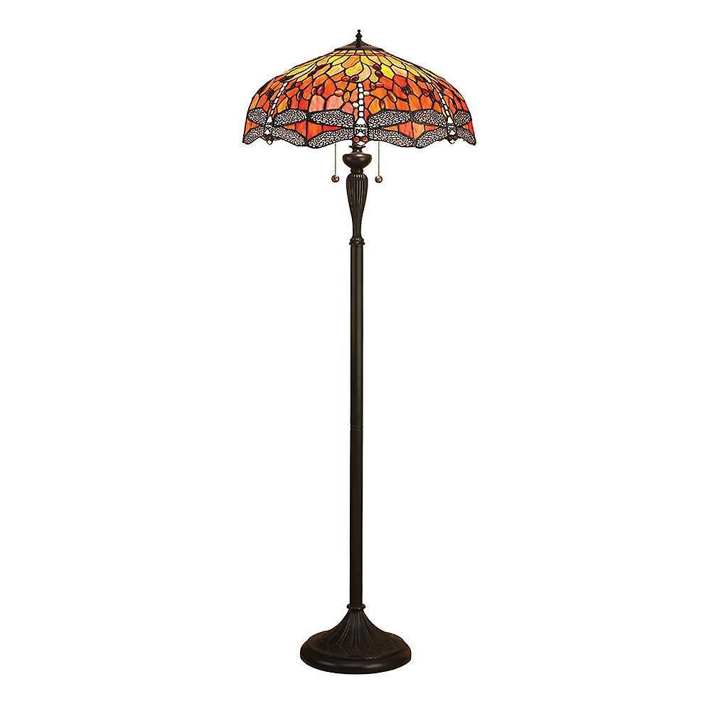 Interiors 1900 Lighting Dragonfly 2 Light Floor Lamp Dark Bronze, Red, Tiffany Style Glass, E27