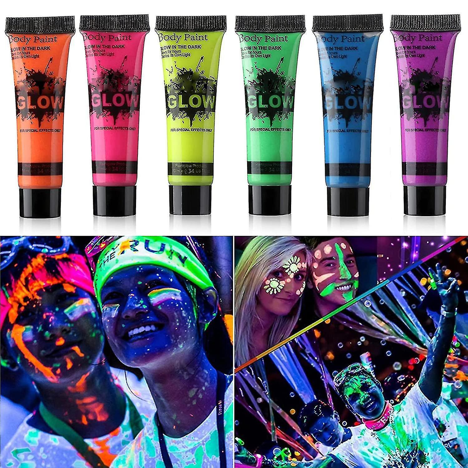 Yozhiqu Glow In Dark Face Body Paint Uv Blacklight Neon Fluorescent 0.34oz Set Of 6 Tubes