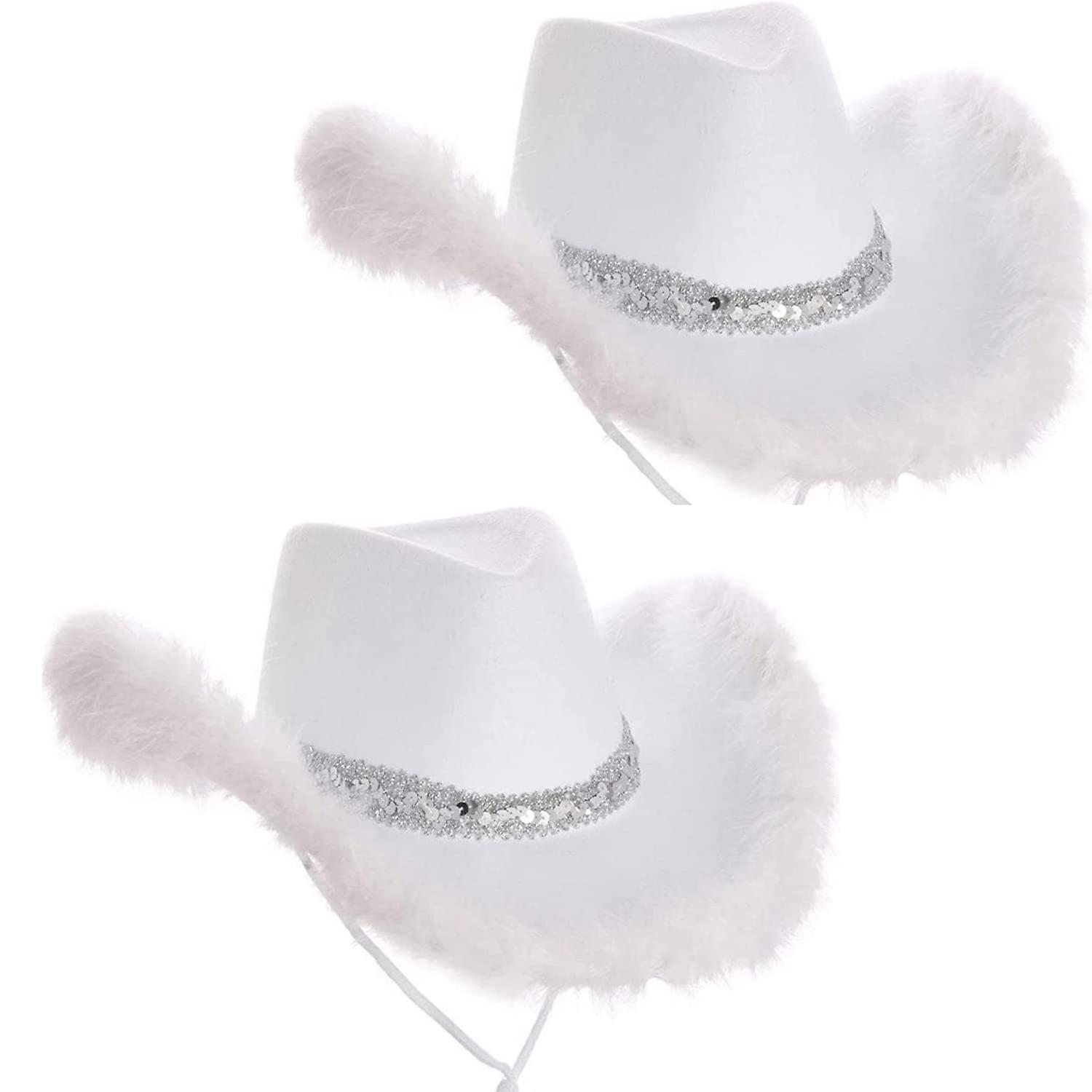 Volord 2Pack Women's Cowboy Hat with Fluffy and Glitter Decoration Feather Hat Headwear, Adjustable Neck Drawstring White