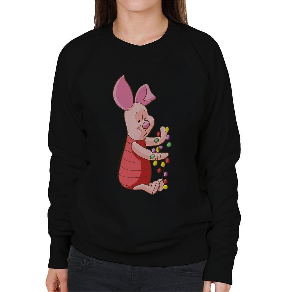 Disney Christmas Piglet Holding Festive Lights Women's Sweatshirt Black X-Large