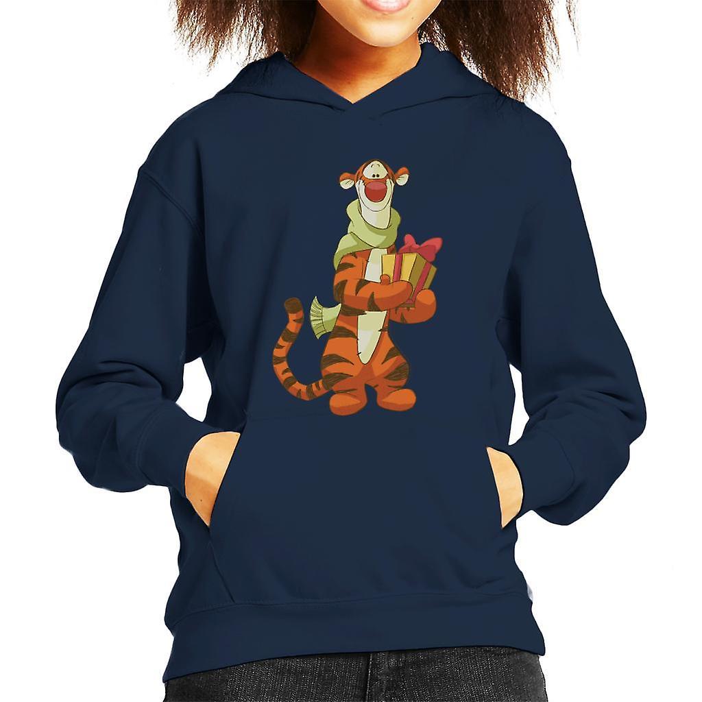 Disney Christmas Tigger Holding Present Kid's Hooded Sweatshirt Navy Blue X-Large (12-13 yrs)