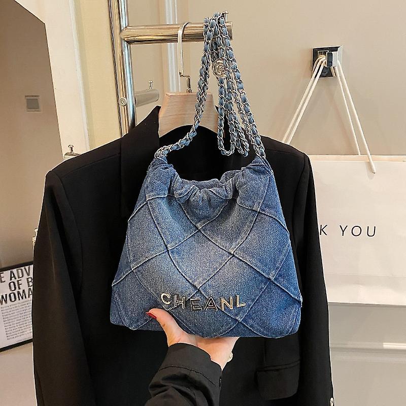 Handbag Brand Designer Denim Plaid Quilted Women's Shoulder Bag Casual Chain Crossbody Bag Bucket Handbag Blue