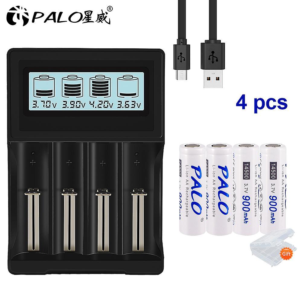 Palo 14500 900mah 3.7v Li-ion Rechargeable Batteries Aa Battery Lithium Cell For Led Flashlight Headlamps Torch Mouse 4pcs battery 1charger